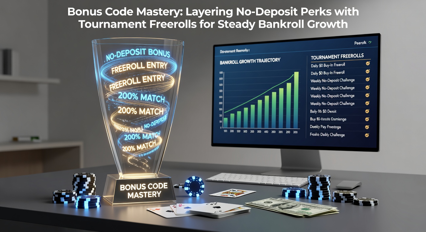 Grafik zeigt gestapelte Poker-Chips mit Bonus-Codes und Freeroll-Trophäen, symbolisierend schrittweises Bankroll-Wachstum