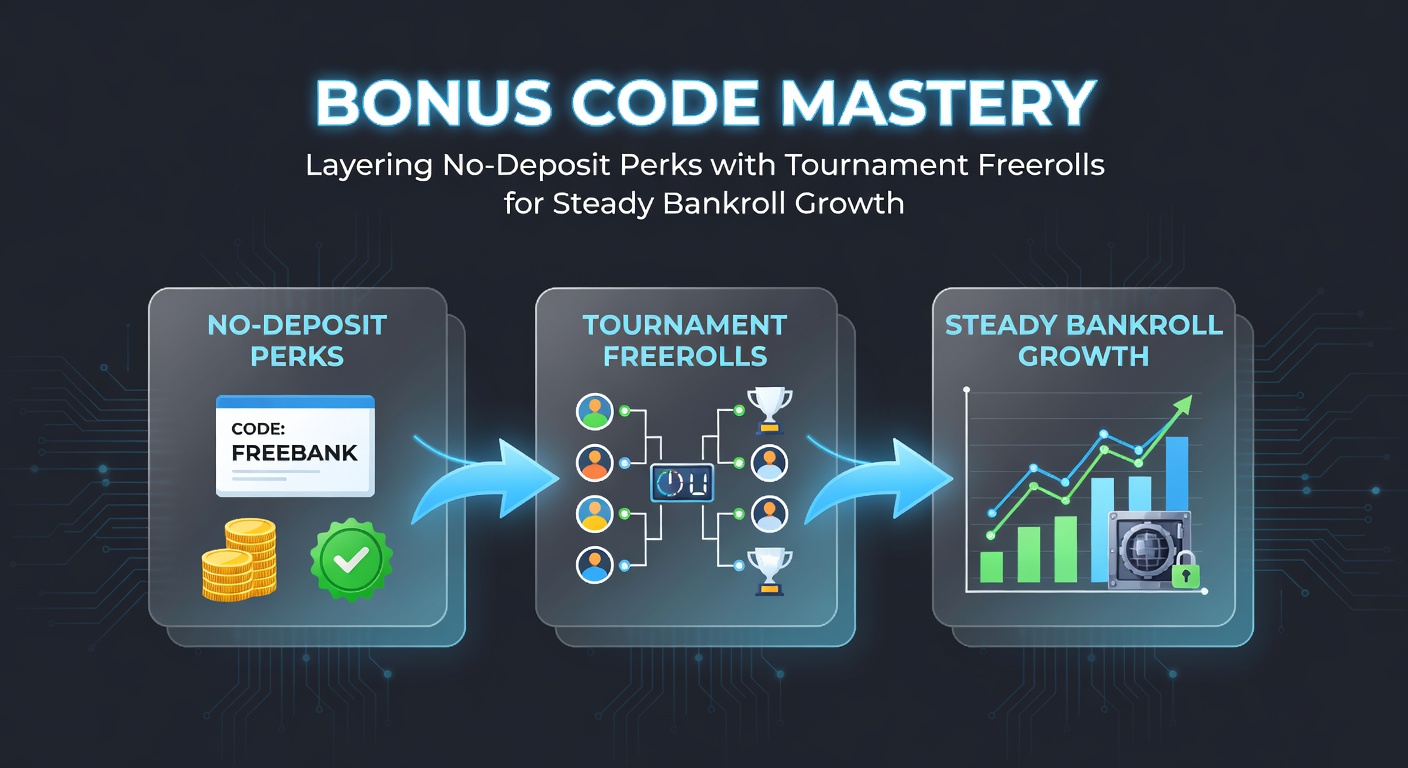 Detaillierte Infografik mit Schichten von Bonus-Codes, No-Deposit-Guthaben und Freeroll-Preisen, die zu wachsendem Bankroll-Pyramide führen