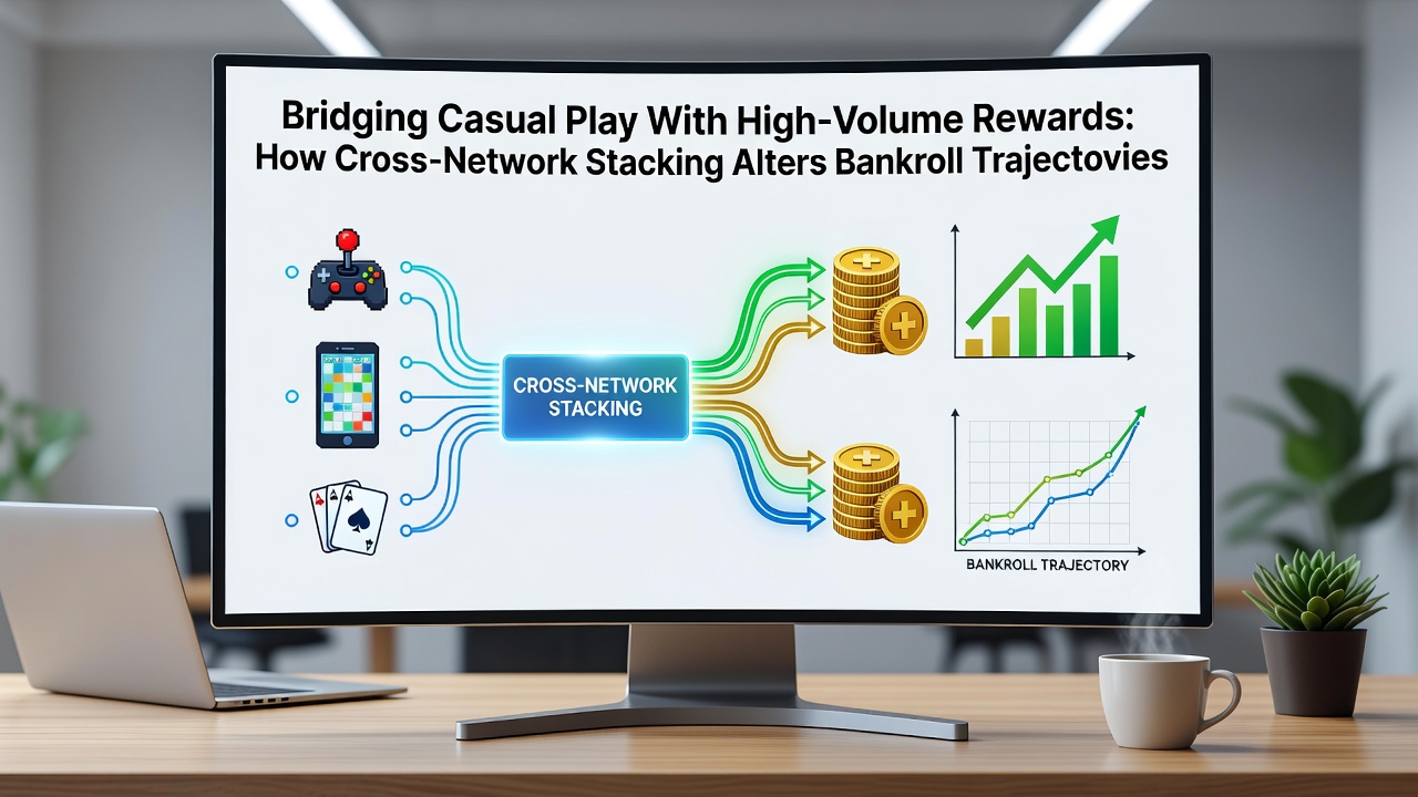 Grafik zu Bankroll-Trajektorien mit Cross-Network-Stapelung und Beispielen aus digitalen Kartenzimmern