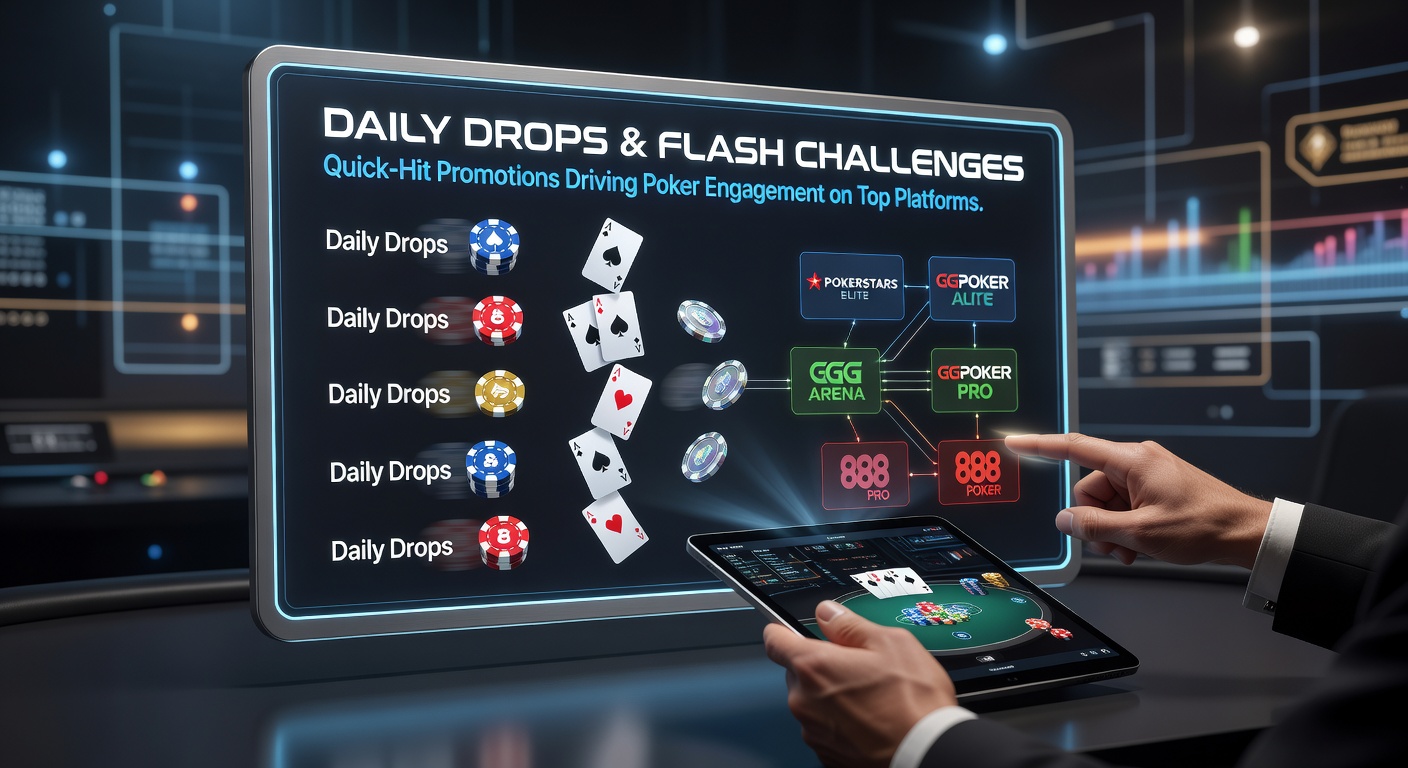 Poker-Spieler am Tisch mit Daily-Drop-Animationen auf dem Bildschirm, die Preise regnen lassen