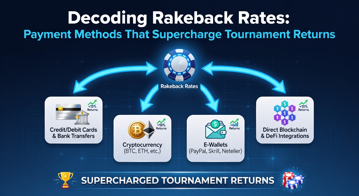 Grafik mit Rakeback-Berechnungen und Zahlungsmethoden-Icons, die Turnierchip-Stacks umgeben