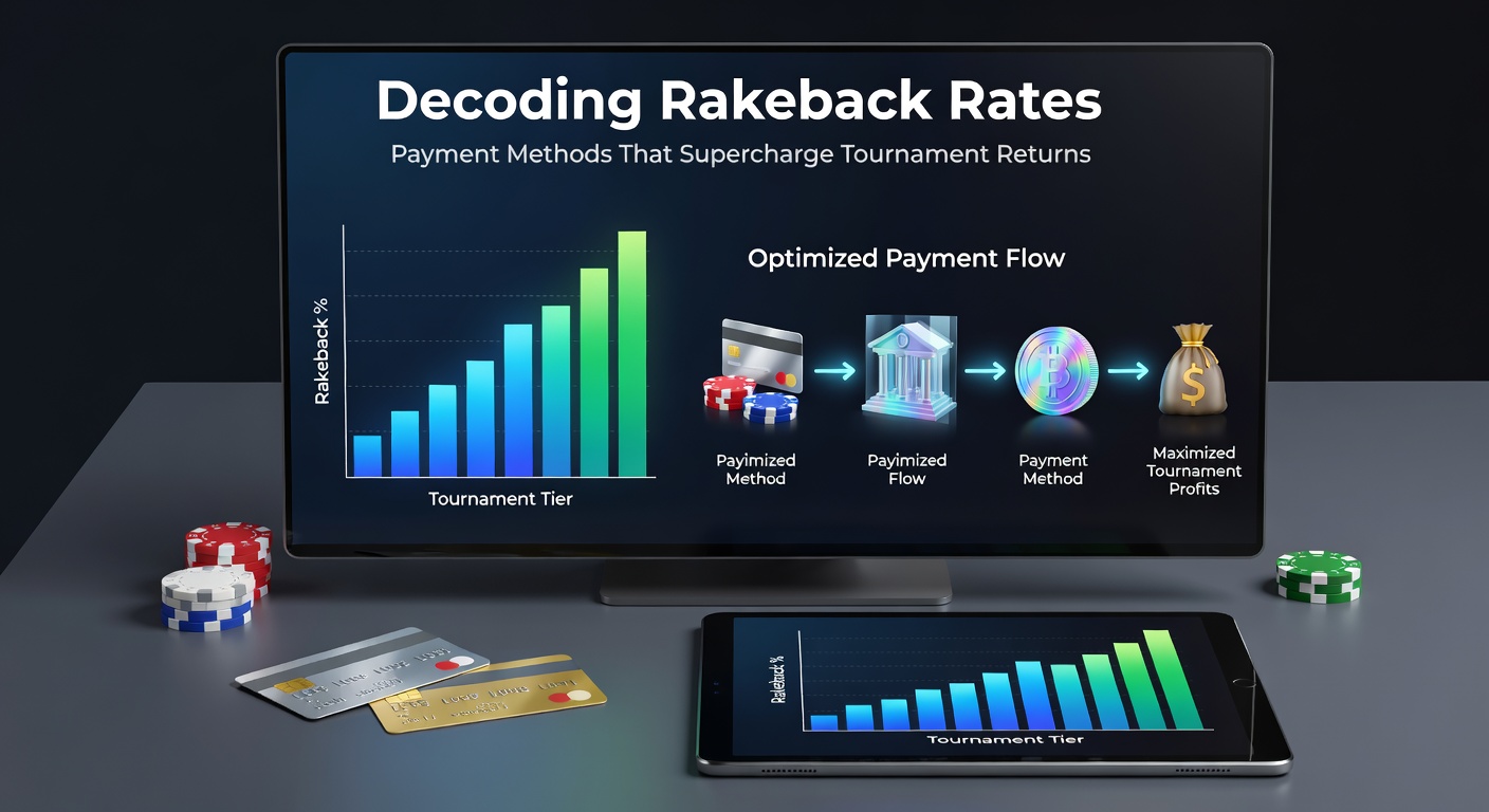 Vergleichstabelle von Zahlungsmethoden mit Rakeback-Auszahlungszeiten und Gebühren-Spalten neben Poker-Turnier-Screenshots