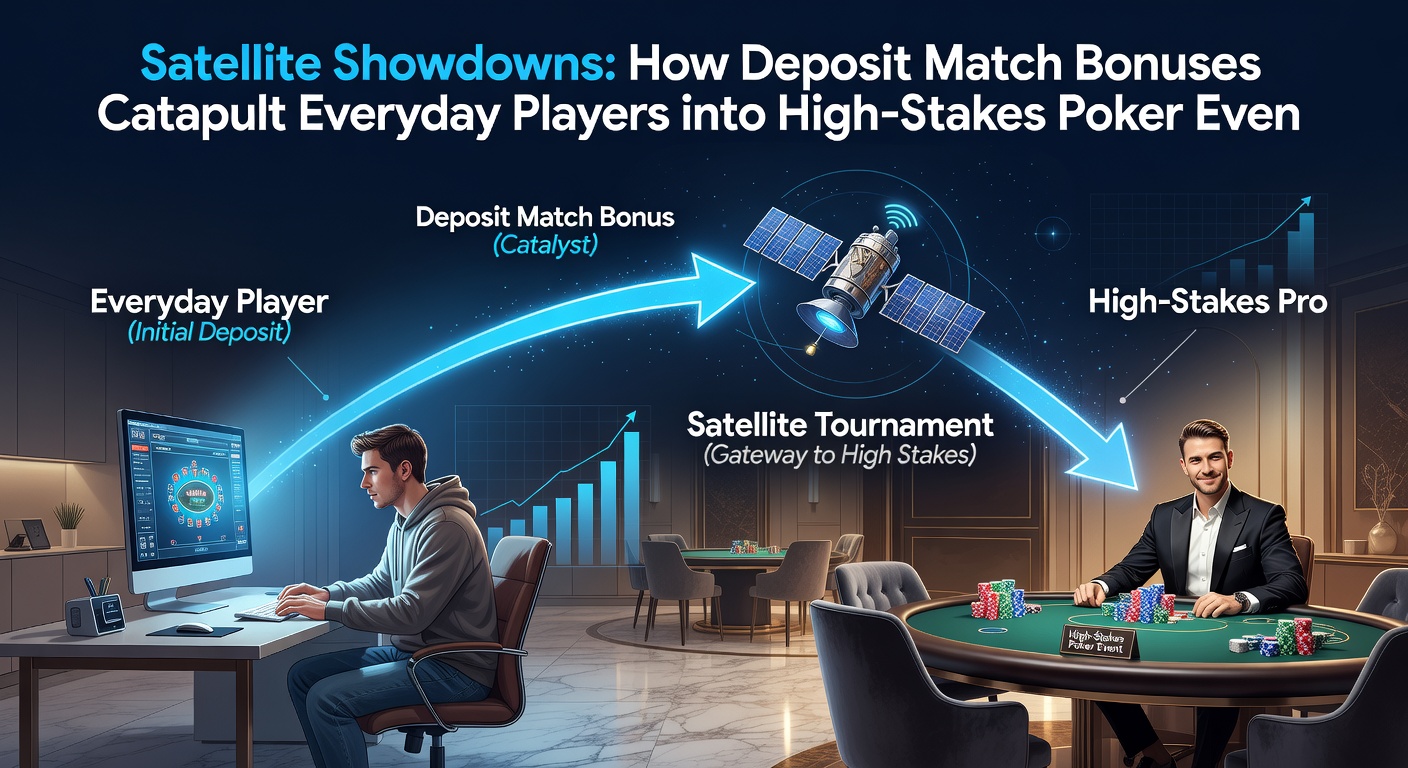 Nahaufnahme eines Poker-Tableaus mit Chips, Karten und einem Satelliten-Ticket-Symbol, das den Bonus-Boost und High-Stakes-Einstieg visualisiert