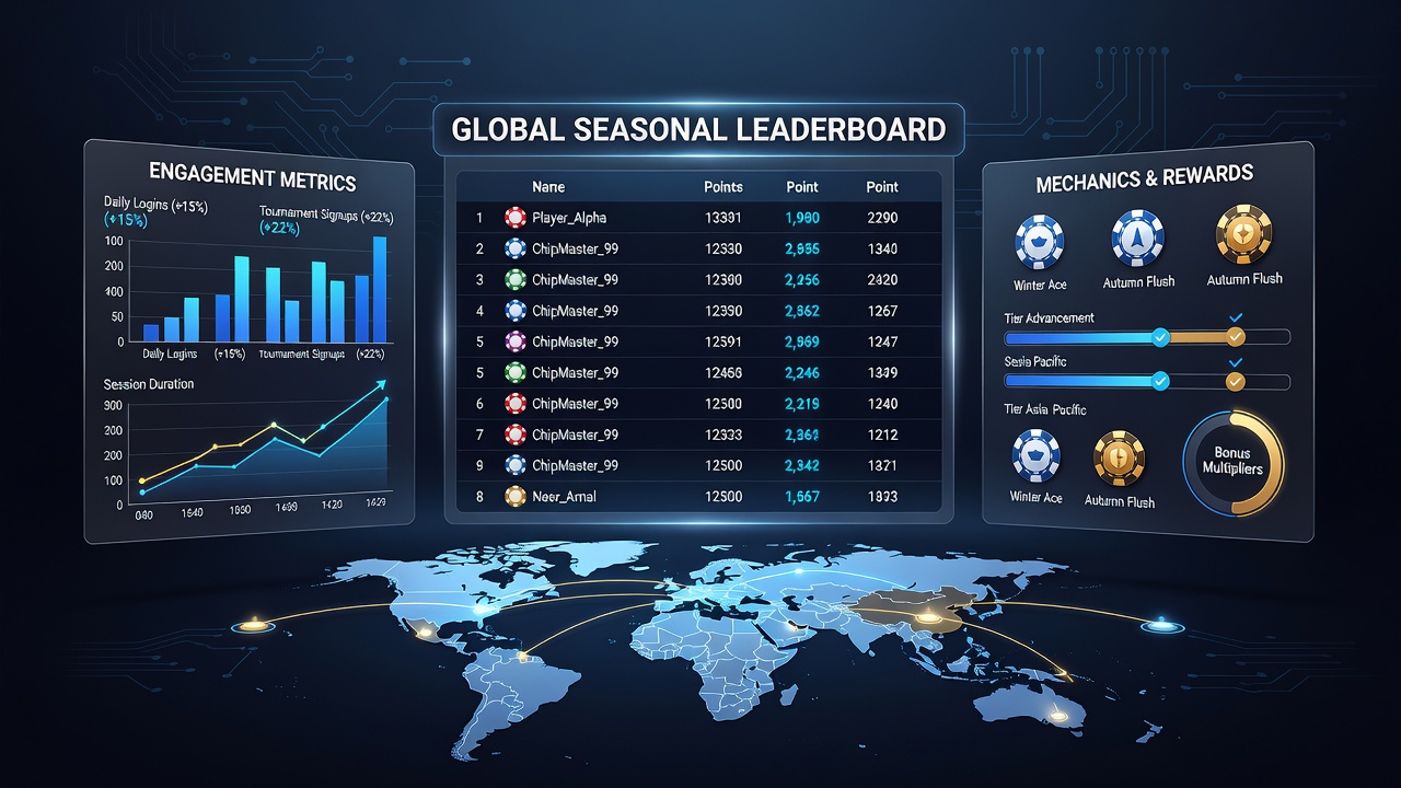 Globale Poker-Community mit Fokus auf saisonale Ranglisten und Spieler-Interaktionen