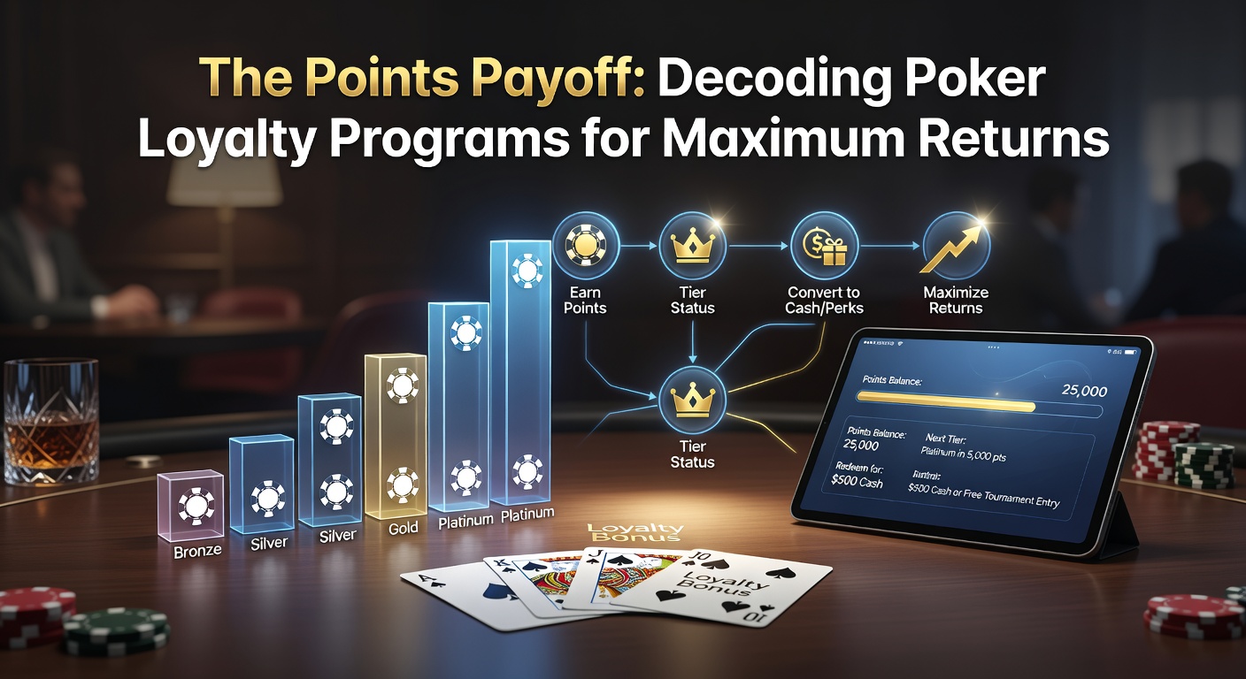 Darstellung eines Poker-Spielers, der Punkte in einem Loyalty-Programm sammelt und Prämien einlöst, mit grafischen Elementen wie Sternen und Trophäen
