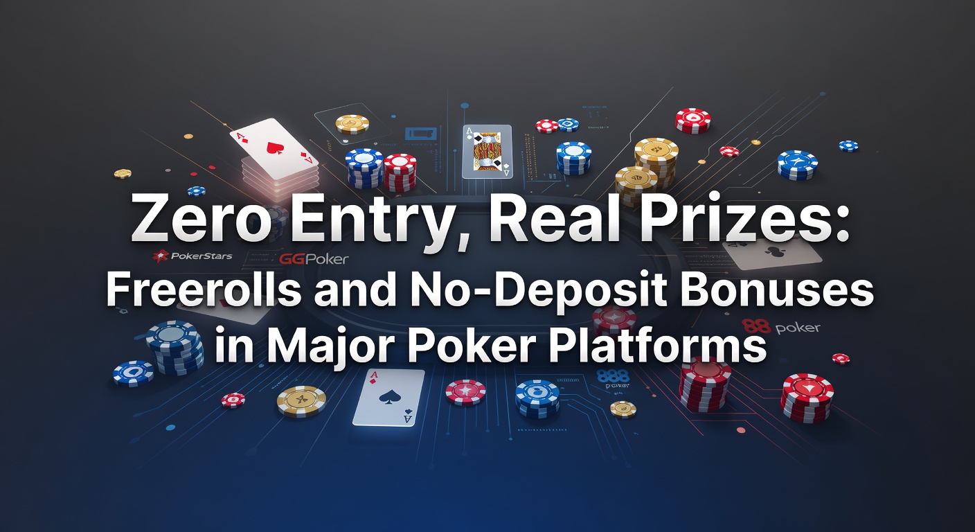 Spieler am Poker-Tisch mit Freeroll-Banner und Preisen im Hintergrund, symbolisiert risikofreies Einstiegen in echte Gewinne