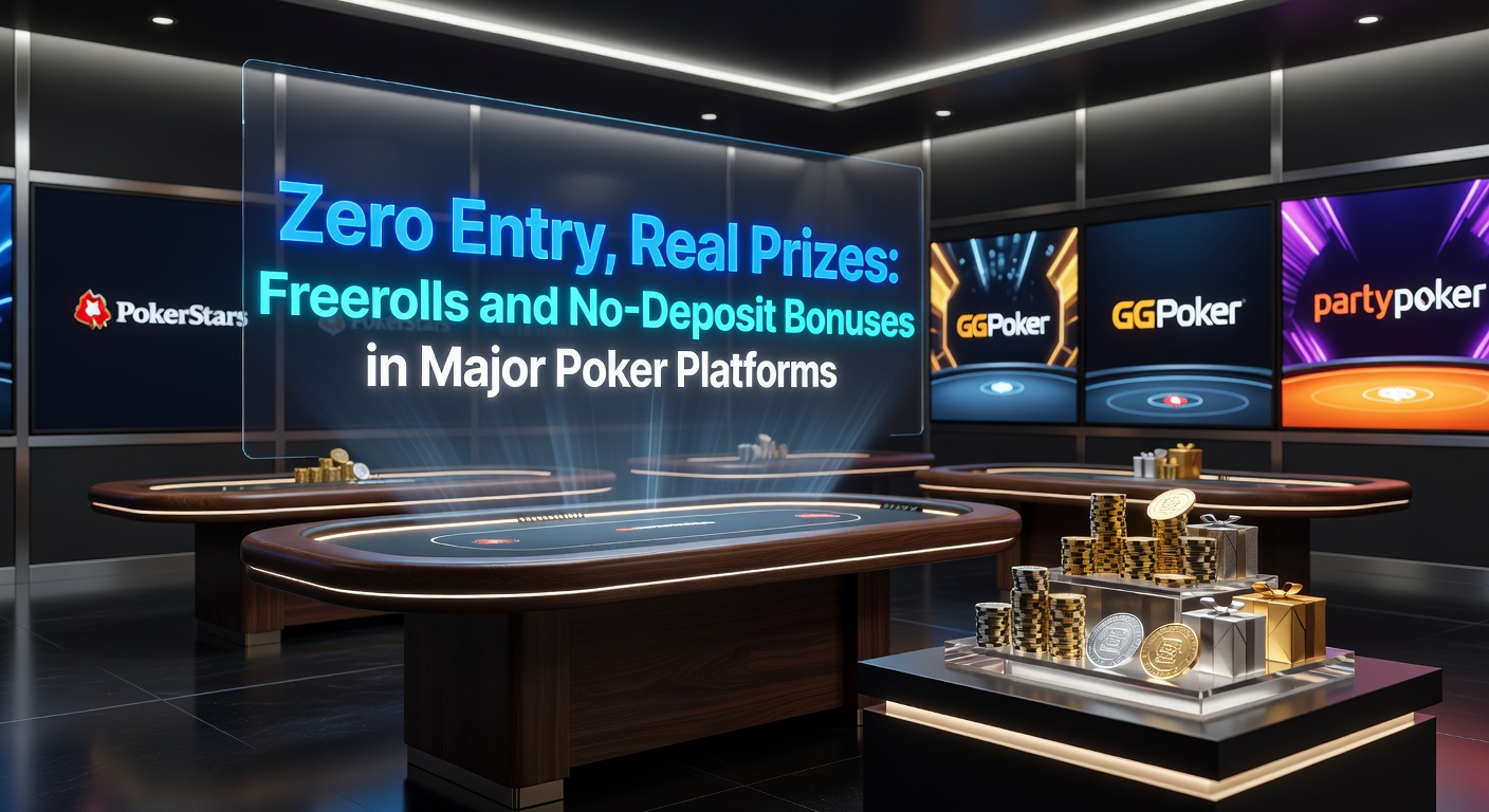 Screenshot einer Poker-App mit No-Deposit-Bonus-Pop-up und Freeroll-Lobby, zeigt aktuelle Angebote auf einer major Plattform